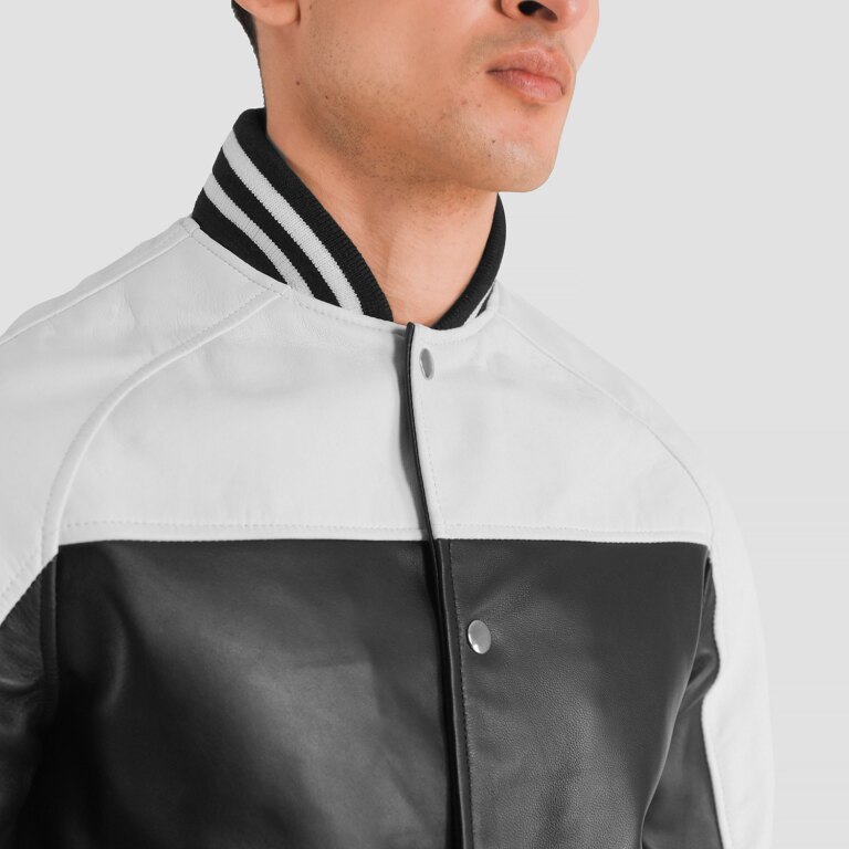Mens Terrance Black & White Leather Varsity Jacket Close-Up-9-1704117250757